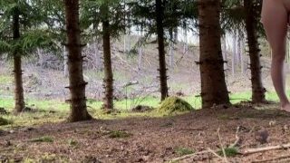 Nudistenmeisje hangt naakt in een bos