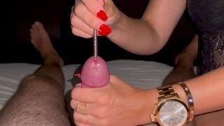 Stepmom Inserts Super Long Plug In Peehole And Wears Xxl Wristwatch